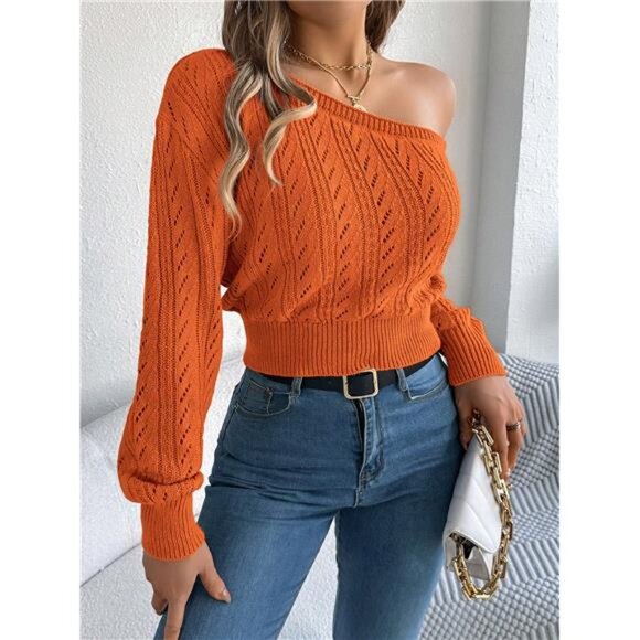 Sexy Asymmetrical Long Sleeve Knit Pullover Sweater Orange - Picture 1 of 7